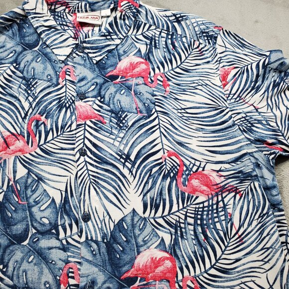 Ron Jon Surf Shop Hawaiian Tropical Shirt w Pink Flamingos Blue Flowers Men Sz L - Picture 5 of 9